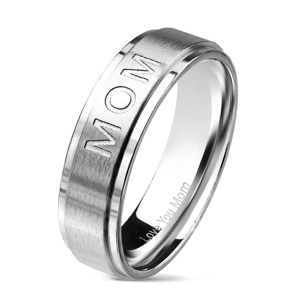 "MOM" Etched Center and "Love You Mom" Engraved Insided of Ring size 7